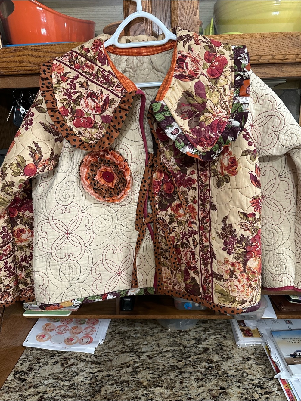 Quilted Floral Ruffled womens Coat in Cream and Burgundy — Unbranded